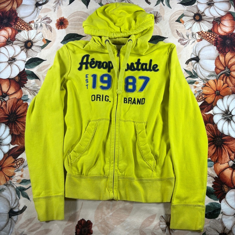 Vintage Y2K Aeropostale Womens Full Zip Hoodie Neon Green Logo Size